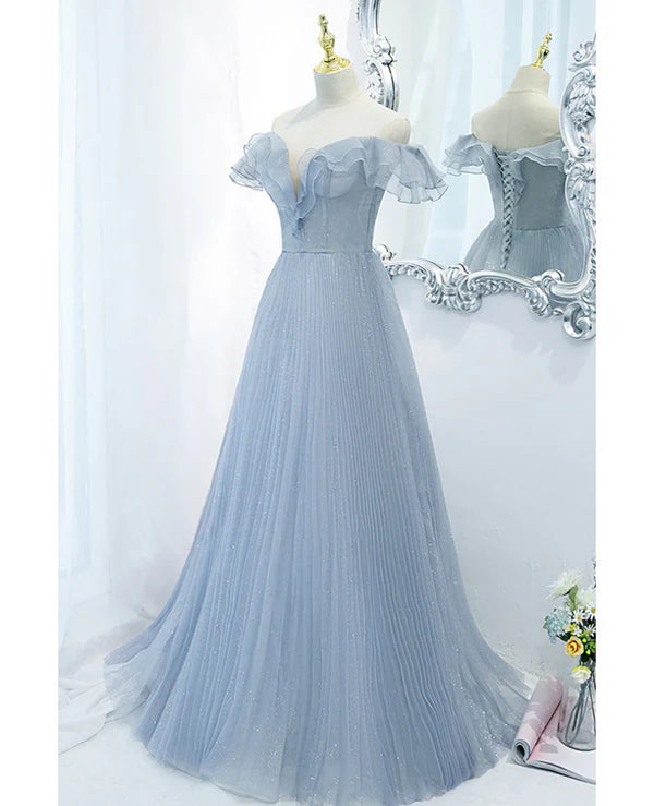 Luolandi Sweet Sky Blue Sparkling Pleated Short sleeved Off Shoulder Ball Dress A-line Princess Backless Tie with Ruffle Edge and Floor Length Evening Dress Prom Dress