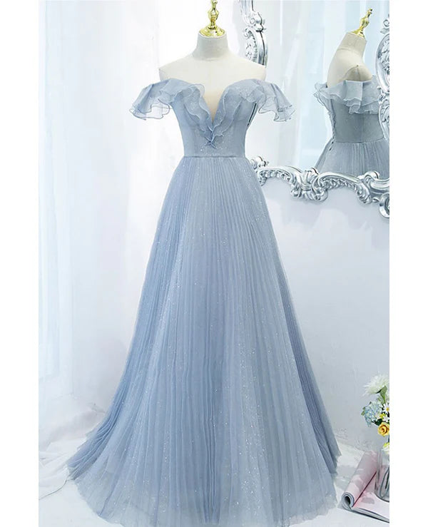Luolandi Sweet Sky Blue Sparkling Pleated Short sleeved Off Shoulder Ball Dress A-line Princess Backless Tie with Ruffle Edge and Floor Length Evening Dress Prom Dress