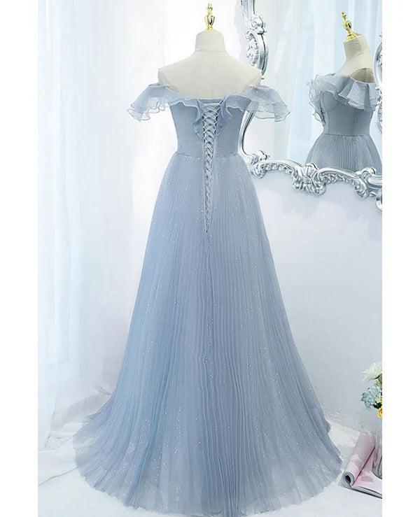 Luolandi Sweet Sky Blue Sparkling Pleated Short sleeved Off Shoulder Ball Dress A-line Princess Backless Tie with Ruffle Edge and Floor Length Evening Dress Prom Dress