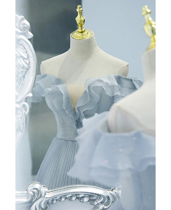 Luolandi Sweet Sky Blue Sparkling Pleated Short sleeved Off Shoulder Ball Dress A-line Princess Backless Tie with Ruffle Edge and Floor Length Evening Dress Prom Dress