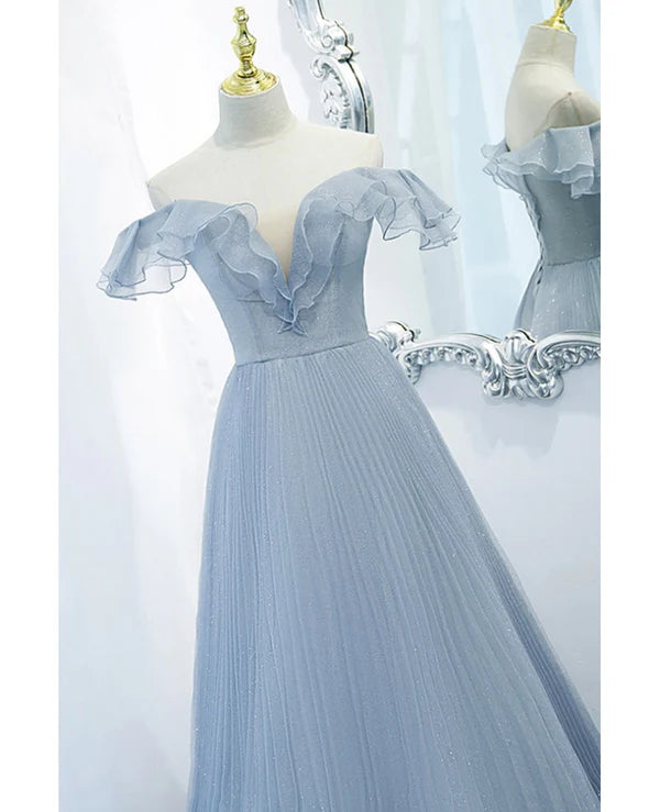 Luolandi Sweet Sky Blue Sparkling Pleated Short sleeved Off Shoulder Ball Dress A-line Princess Backless Tie with Ruffle Edge and Floor Length Evening Dress Prom Dress