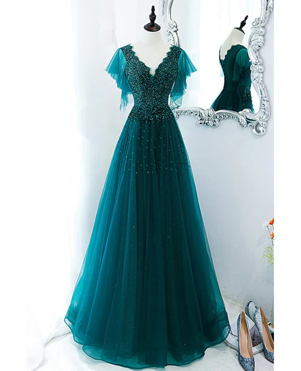 Luolandi Unique and elegant dark green short sleeved beaded rhinestone ball dress A-shaped V-neck with backless straps sheer and floor length prom dress