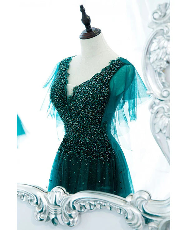 Luolandi Unique and elegant dark green short sleeved beaded rhinestone ball dress A-shaped V-neck with backless straps sheer and floor length prom dress