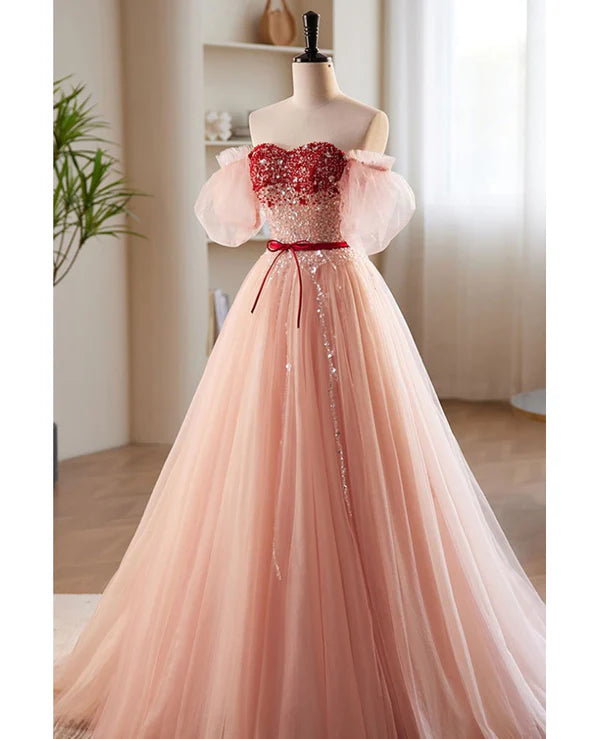 Luolandi Elegant and sweet powder blusher powder beading sequins off shoulder short sleeve prom dress A-shaped princess bow belt tulle backless and floor length evening dress Prom Dress