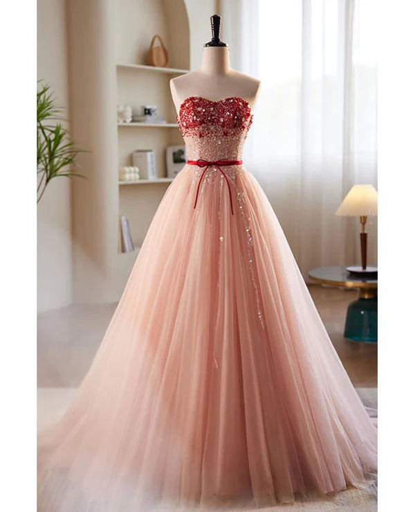 Luolandi Elegant and sweet powder blusher powder beading sequins off shoulder short sleeve prom dress A-shaped princess bow belt tulle backless and floor length evening dress Prom Dress