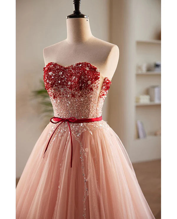 Luolandi Elegant and sweet powder blusher powder beading sequins off shoulder short sleeve prom dress A-shaped princess bow belt tulle backless and floor length evening dress Prom Dress