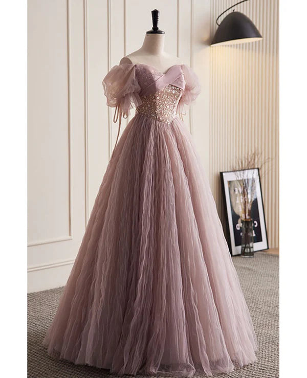 Luolandi Unique and elegant dark pink sequin off the shoulder short sleeved ball dress A-line princess glitter beaded backless and ground length prom dress