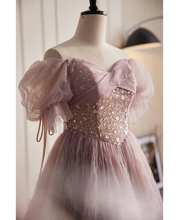 Luolandi Unique and elegant dark pink sequin off the shoulder short sleeved ball dress A-line princess glitter beaded backless and ground length prom dress