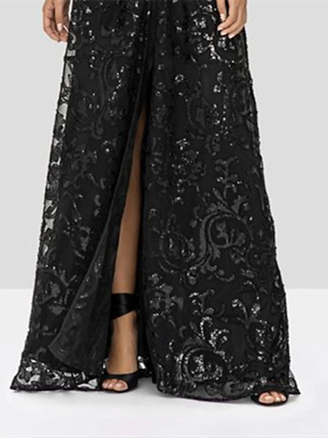 Luolandi A-Line Mother of the Bride Dress Wedding Guest Elegant Sparkle & Shine V Neck Floor Length Lace Sequined Sleeve with Sequin Appliques Split Front