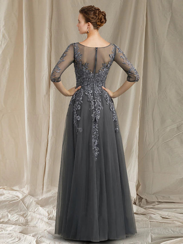 Luolandi A-Line Mother of the Bride Dress Elegant V Neck Floor Length Chiffon Lace Half Sleeve