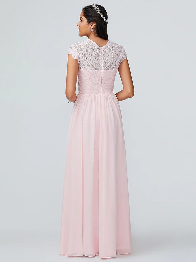 Luolandi A-Line Bridesmaid Dress Jewel Neck Sleeveless Elegant Floor Length Chiffon with Lace Sparkle & Shine