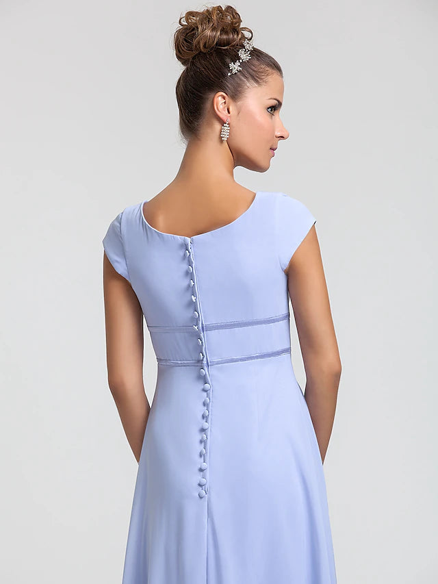 Luolandi Sheath / Column Bridesmaid Dress Square Neck Short Sleeve Elegant Floor Length Chiffon with Sash / Ribbon