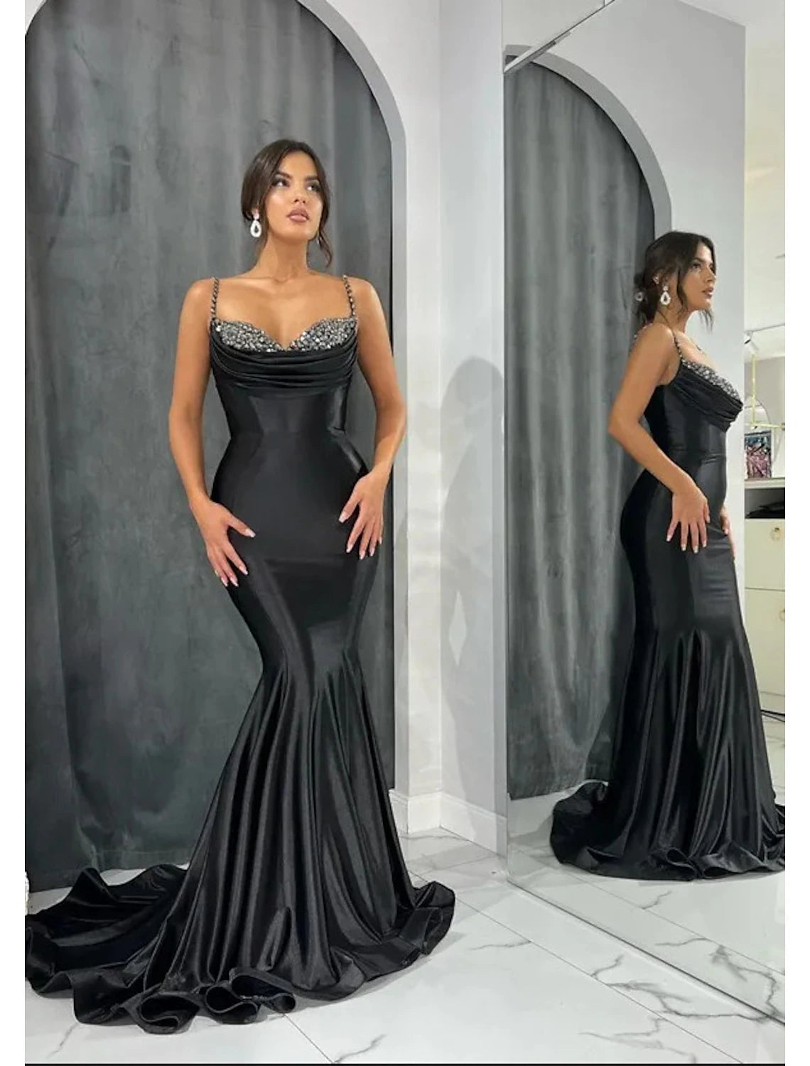 Luolandi Mermaid / Trumpet Evening Gown Open Back Dress Formal Evening Court Train Sleeveless Sweetheart Satin with Glitter