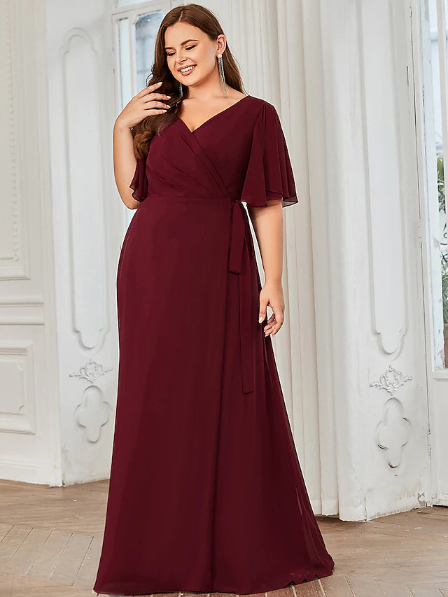 Luolandi A-Line Bridesmaid Dress V Neck Short Sleeve Elegant Floor Length Chiffon with Ruffles / Draping