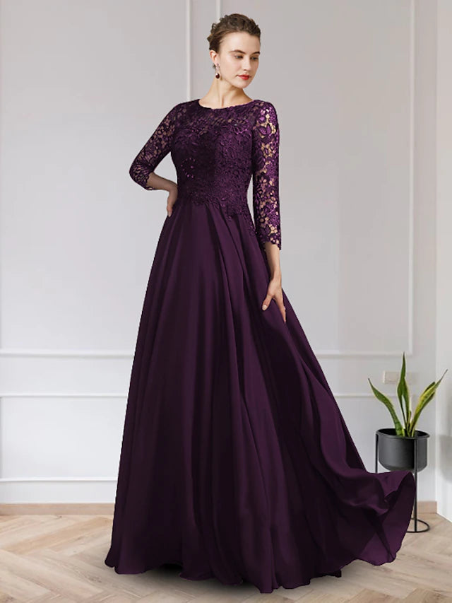 Luolandi A-Line Mother of the Bride Dress Elegant V Neck Floor Length Chiffon Lace Long Sleeve with Appliques Beautiful