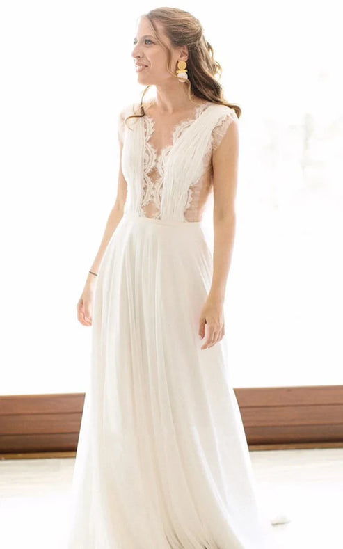Luolandi Greek A-Line Plunging Neckline Chiffon Lace Wedding Dress With Open Back And Pleats