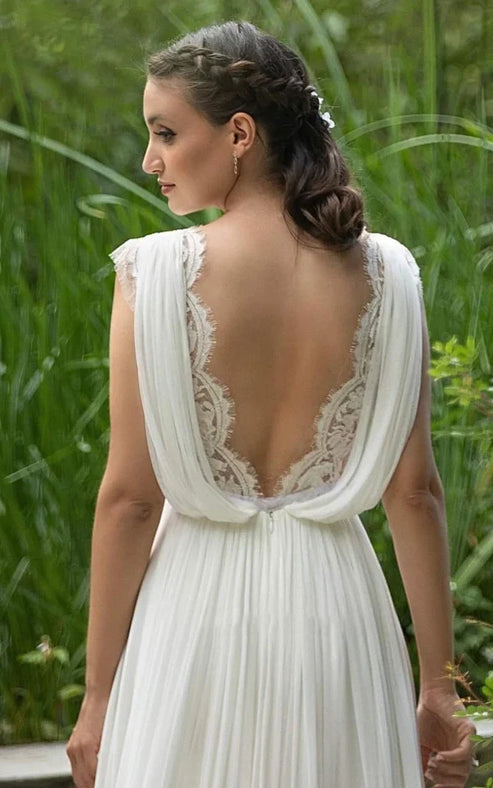 Luolandi Greek A-Line Plunging Neckline Chiffon Lace Wedding Dress With Open Back And Pleats