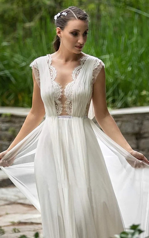 Luolandi Greek A-Line Plunging Neckline Chiffon Lace Wedding Dress With Open Back And Pleats
