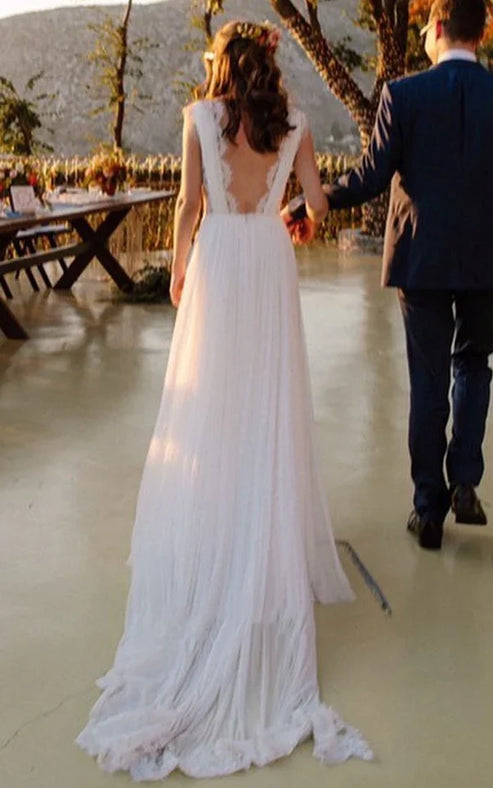 Luolandi Greek A-Line Plunging Neckline Chiffon Lace Wedding Dress With Open Back And Pleats
