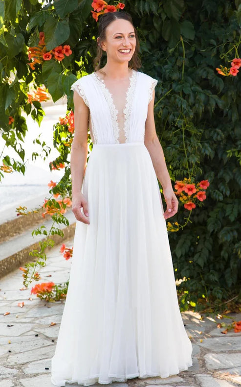 Luolandi Greek A-Line Plunging Neckline Chiffon Lace Wedding Dress With Open Back And Pleats