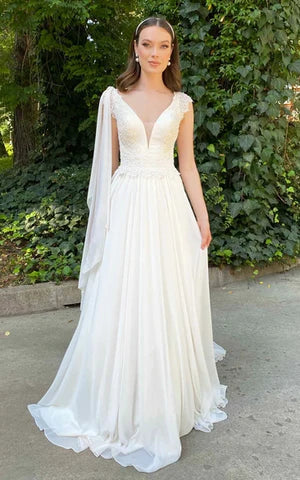 Luolandi Greek Simple A Line V-neck Chiffon Court Train Wedding Dress with Ruching Sexy
