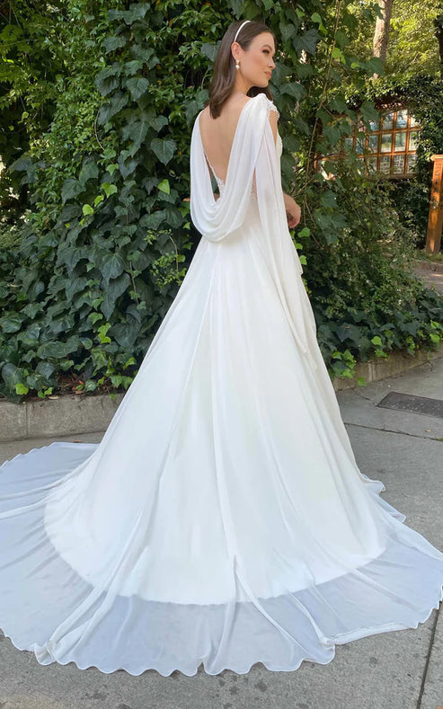 Luolandi Greek Simple A Line V-neck Chiffon Court Train Wedding Dress with Ruching Sexy