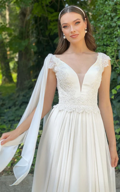 Luolandi Greek Simple A Line V-neck Chiffon Court Train Wedding Dress with Ruching Sexy