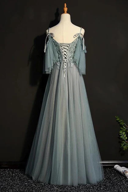 Luolandi Light Green Tulle A-line Off Shoulder Party Dress Long Prom Dress Floor Length