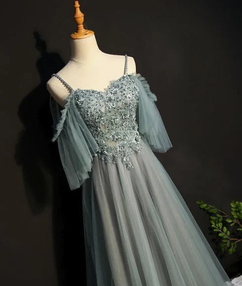 Luolandi Light Green Tulle A-line Off Shoulder Party Dress Long Prom Dress Floor Length