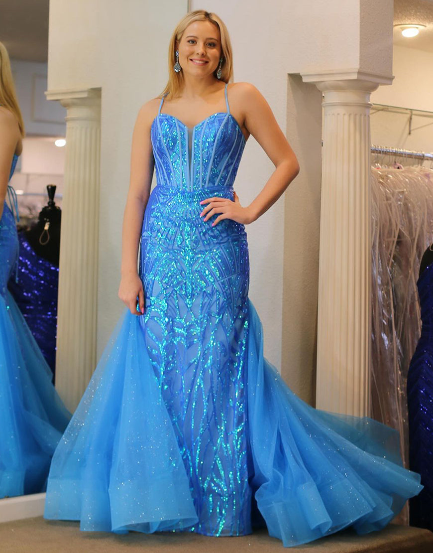 Luolandi Blue Mermaid Sequin Lace Sweetheart Long Prom Dress Charming Evening Party Dress