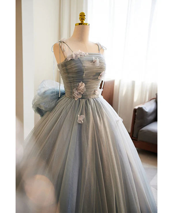 Luolandi Gray sticker sleeveless off the shoulder ball dress A-line princess sheer thin shoulder strap backless tie bow and ground length prom dress