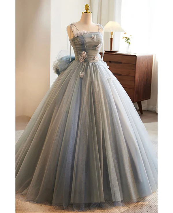Luolandi Gray sticker sleeveless off the shoulder ball dress A-line princess sheer thin shoulder strap backless tie bow and ground length prom dress