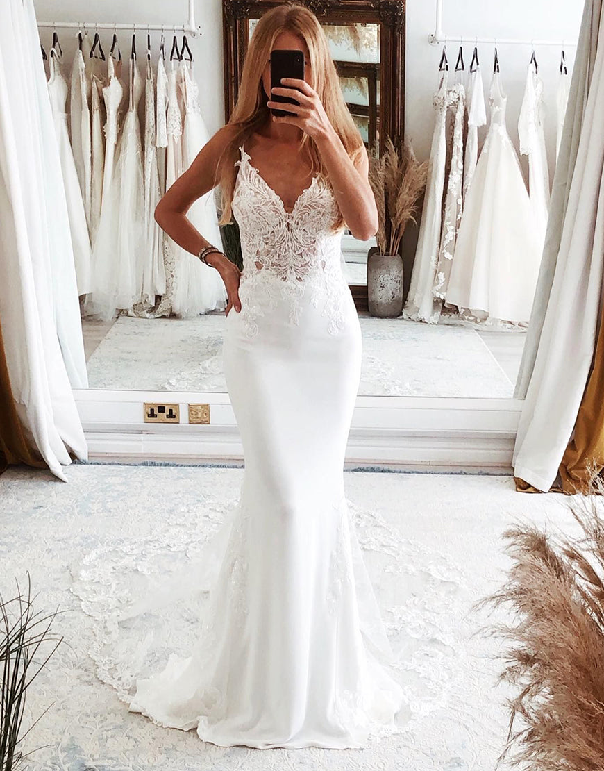 Luolandi Mermaid Lace Spaghetti Straps Backless Wedding Dress V-neck Open Back