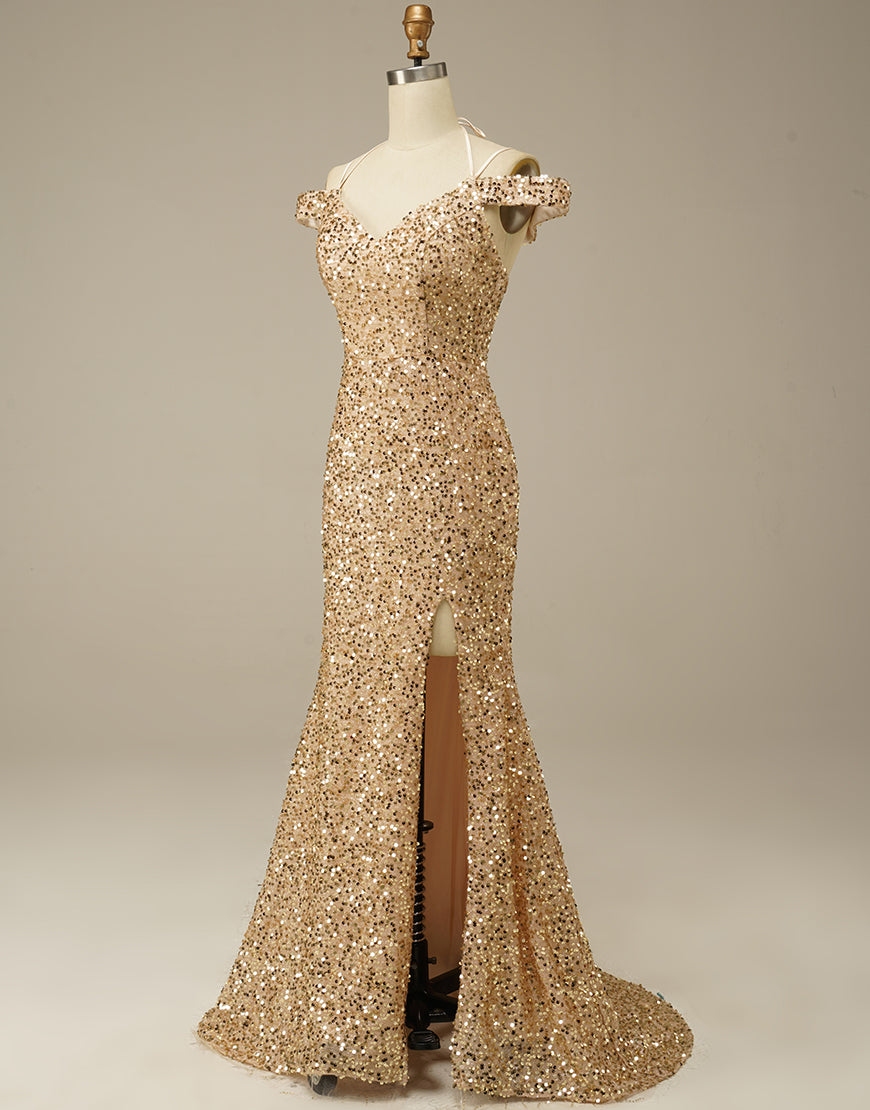 Luolandi Mermaid Off the Shoulder Champagne Prom Dress Sparkly With Slit