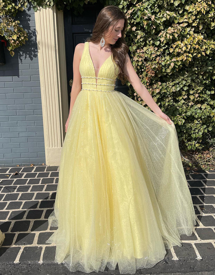 Luolandi Daffodil Long Backless Prom Dress V-neck Sexy Sparkly