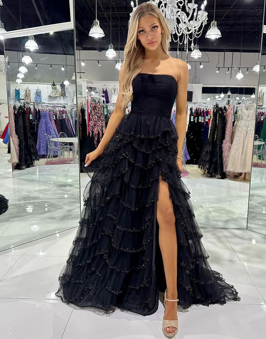 Luolandi Black Tulle Off The Shoulder Ruffle Beaded Long Prom Dress With Slit Sexy Evening Dresses