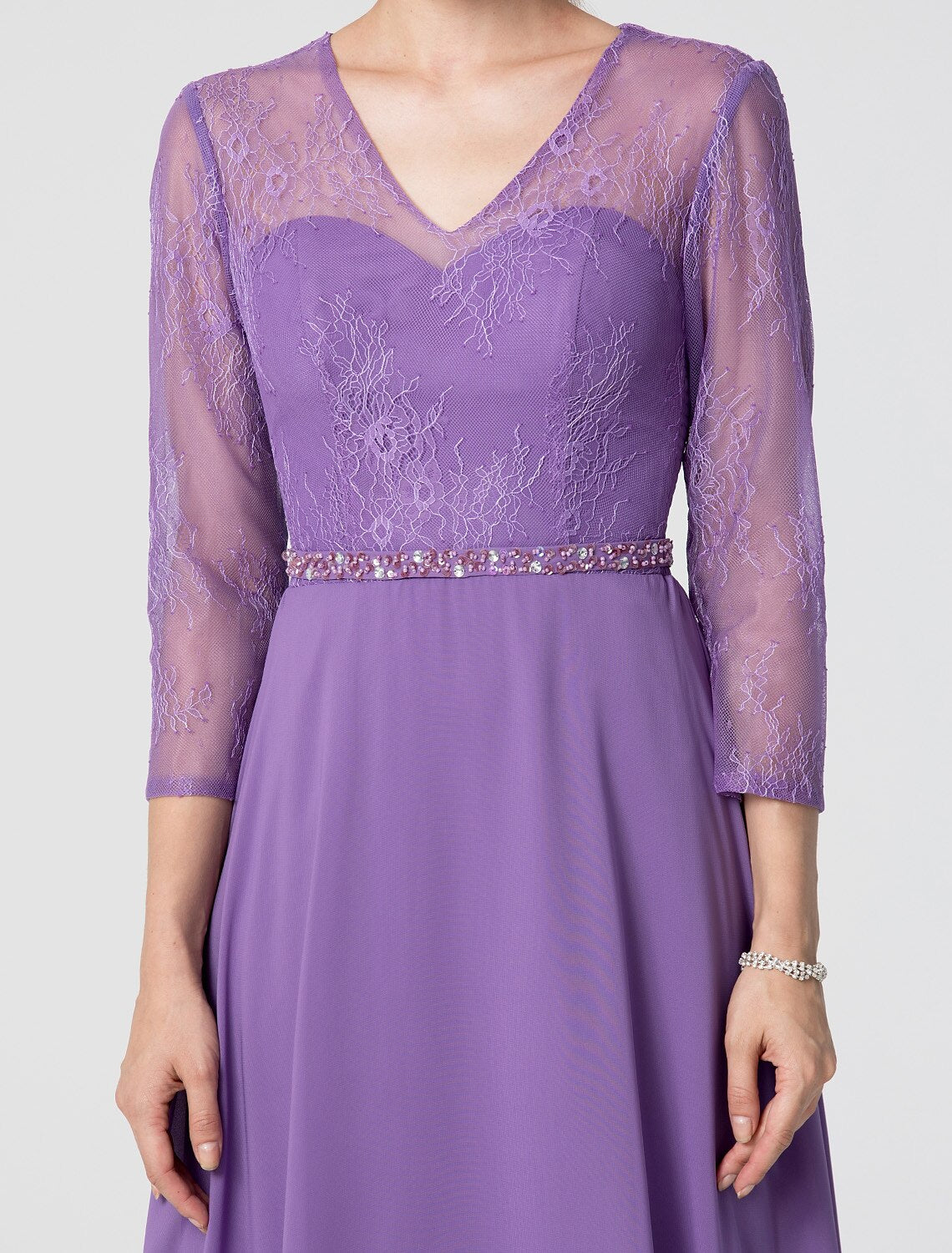 Luolandi A-Line Elegant Holiday Cocktail Party Formal Evening Dress V Neck 3/4 Length Sleeve Floor Length Chiffon Lace with Sash / Ribbon Beading