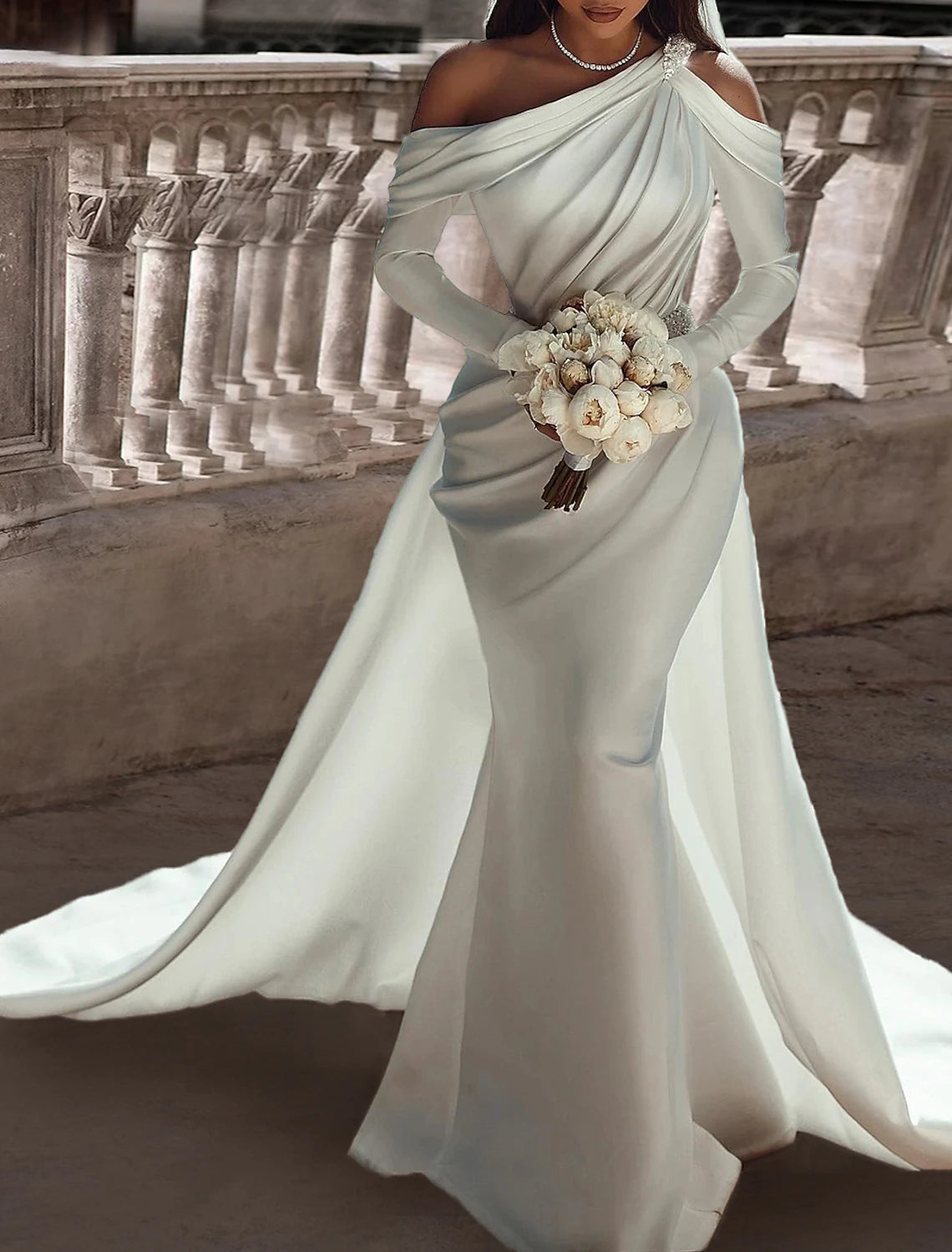 Luolandi One Shoulder Long Sleeve Floor Length Satin Bridal Gowns With Sash Wedding Dresses / Ribbon Beading Pure Color