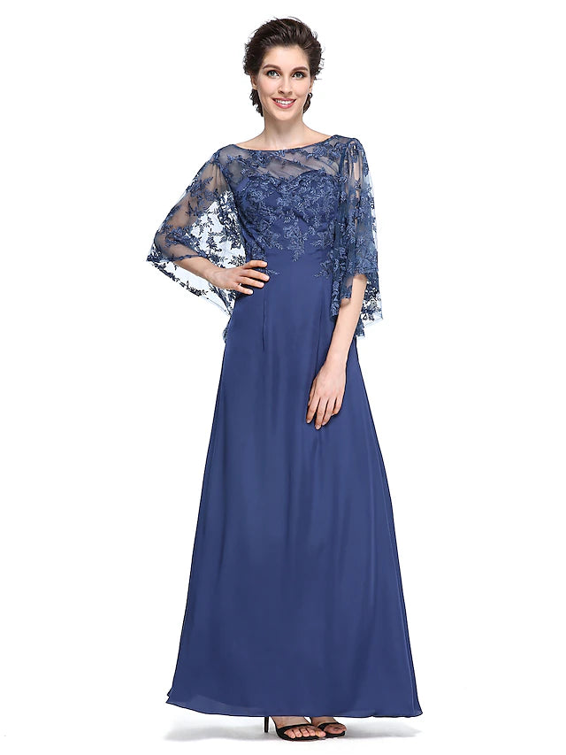 Luolandi Sheath / Column Mother of the Bride Dress Elegant See Through Bateau Neck Ankle Length Chiffon Lace Half Sleeve