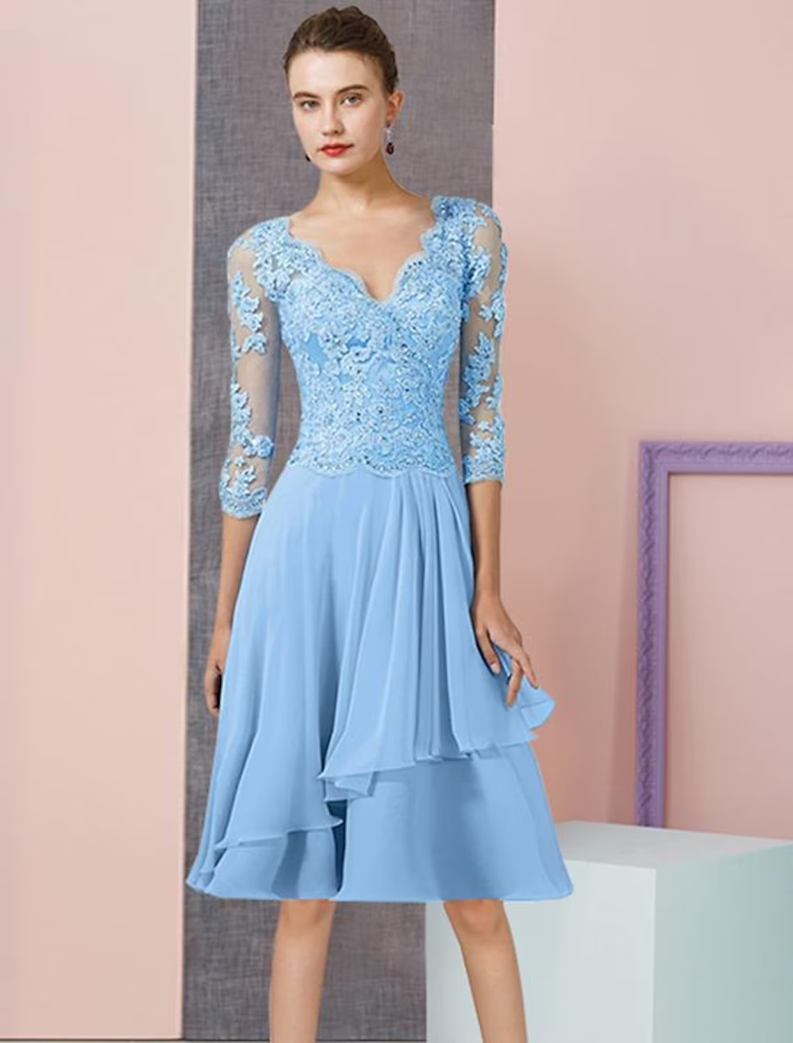 Luolandi Two Piece A-Line Mother of the Bride Dress Formal Wedding Guest Elegant V Neck Knee Length Chiffon Lace 3/4 Length Sleeve Wrap Included with Beading