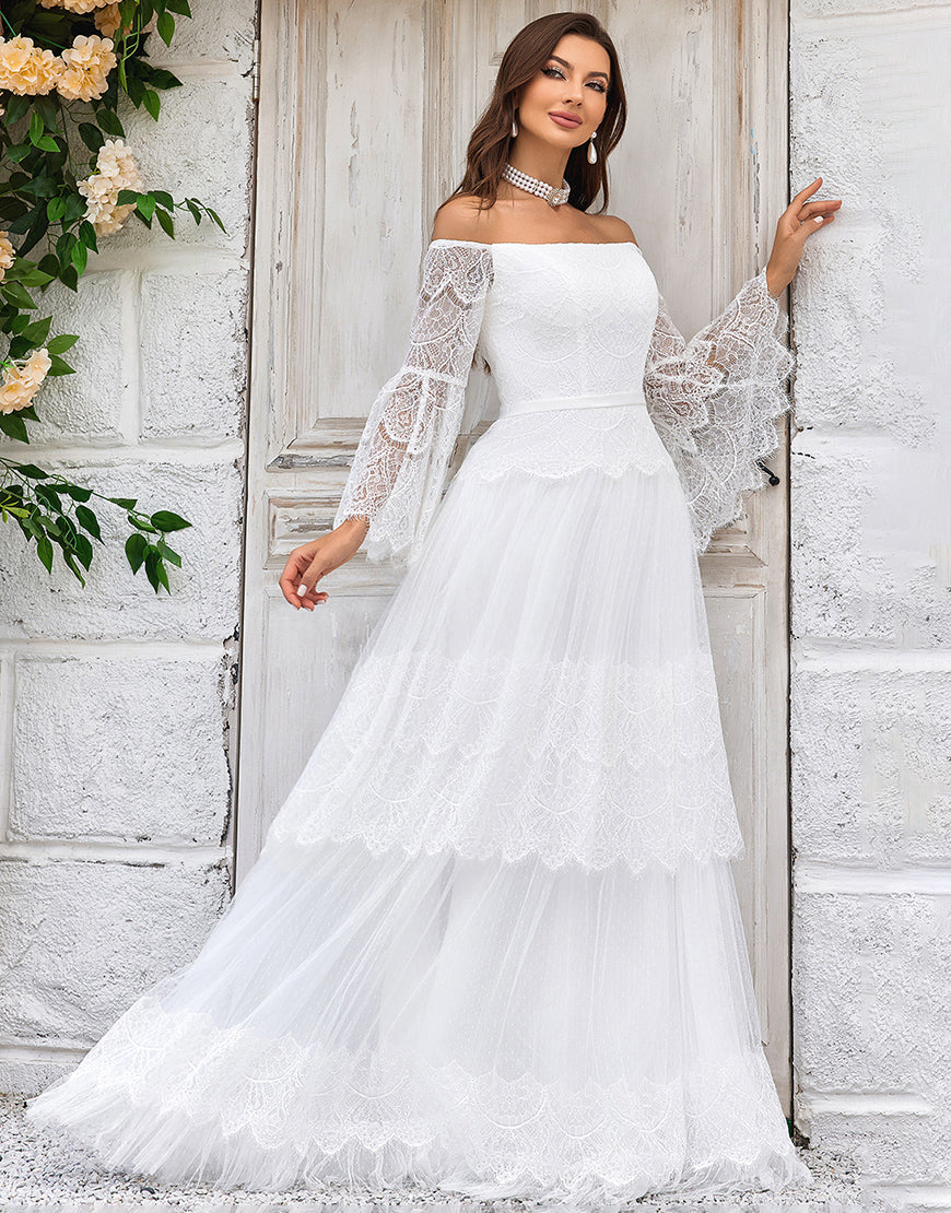 Luolandi Ivory Sweep Train Flare Sleeves Wedding Dress Off Shoulder Floor Length