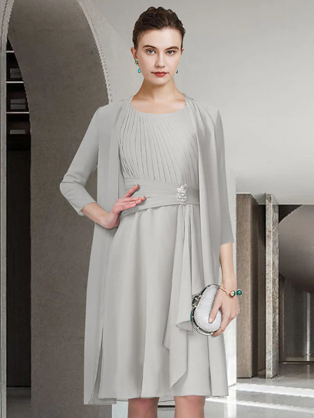 Luolandi Two Piece A-Line Mother of the Bride Dress Church Elegant Jewel Neck Knee Length Chiffon Sleeveless with Pleats