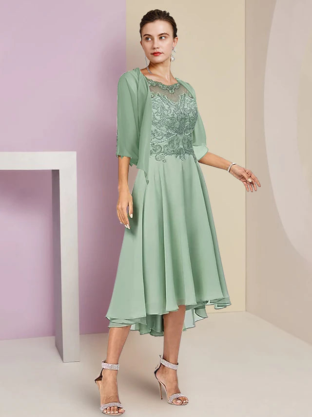 Luolandi Two Piece A-Line Mother of the Bride Dress Formal Wedding Guest Elegant High Low Scoop Neck Asymmetrical Tea Length Chiffon Lace Half Sleeve Wrap Included with Beading