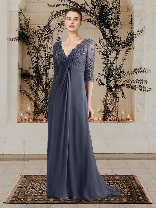 Luolandi A-Line Mother of the Bride Dress Elegant V Neck Sweep / Brush Train Chiffon Lace Half Sleeve