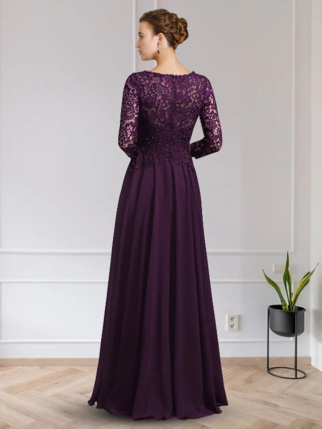 Luolandi A-Line Mother of the Bride Dress Elegant V Neck Floor Length Chiffon Lace Long Sleeve with Appliques Beautiful