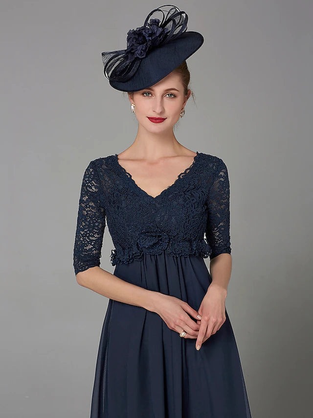 Luolandi A-Line Mother of the Bride Dress Elegant & Luxurious V Neck Floor Length Chiffon Lace Half Sleeve with Lace