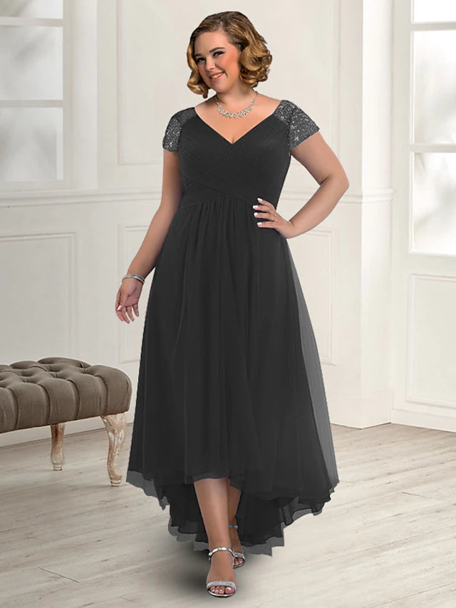 Luolandi A-Line Mother of the Bride Dress Plus Size Elegant High Low V Neck Asymmetrical Floor Length Chiffon Short Sleeve with Beading