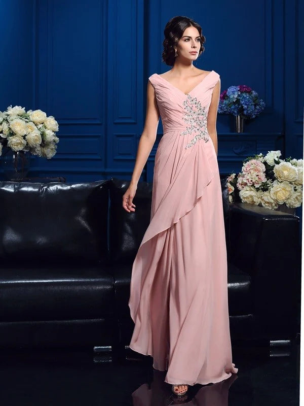 Luolandi A-Line Princess V-neck Beading Sleeveless Long Chiffon Mother of the Bride Dresses Floor Length