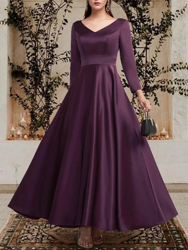 Luolandi A-Line Mother of the Bride Dress Plus Size Elegant V Neck Ankle Length Satin Long Sleeve with Pleats
