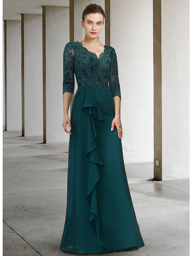 Luolandi A-Line Mother of the Bride Dress Elegant V Neck Floor Length Chiffon Lace Half Sleeve with Appliques